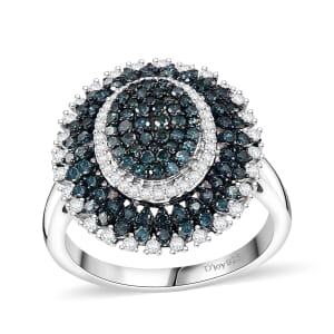Blue and White Diamond 1.00 ctw Celestial Glow Ring in Rhodium Over Sterling Silver (Size 9.0)