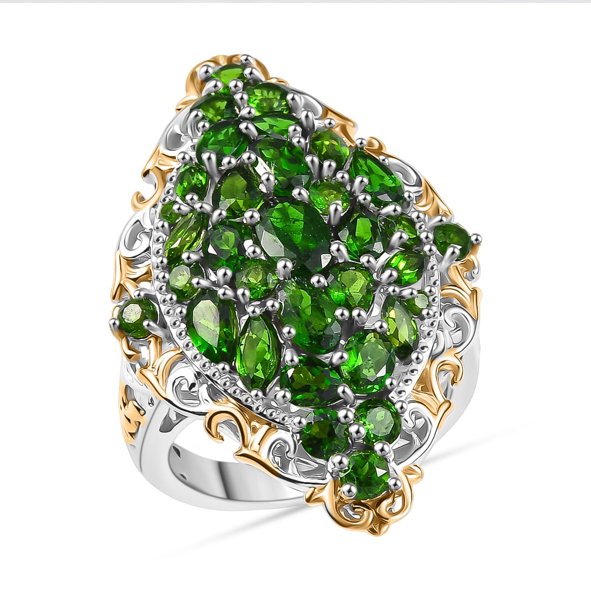 D'Joy Chrome Diopside 4.60 ctw Art Nouveau Ring in 18K Vermeil YG and Rhodium Over Sterling Silver (Size 7.0) image number 0
