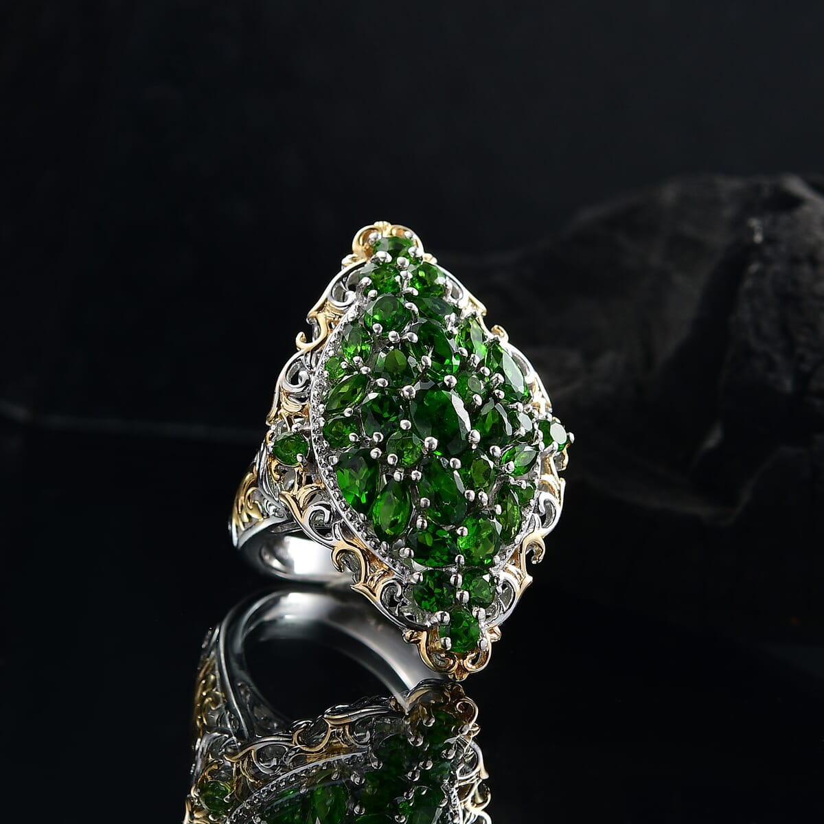 D'Joy Chrome Diopside 4.60 ctw Art Nouveau Ring in 18K Vermeil YG and Rhodium Over Sterling Silver (Size 7.0) image number 1
