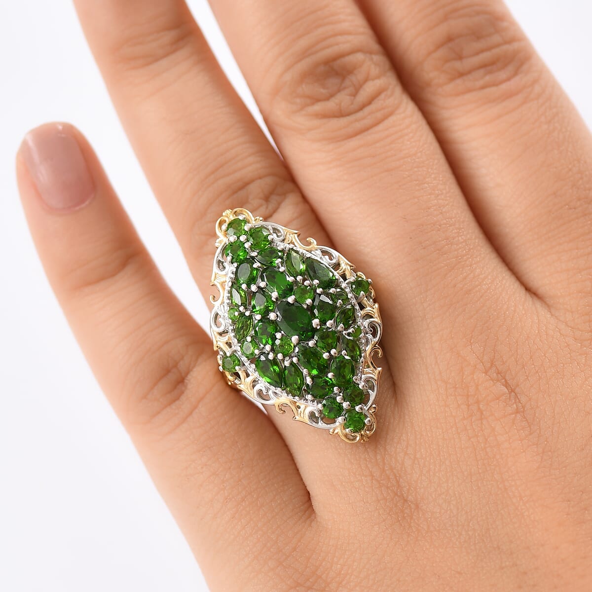 D'Joy Chrome Diopside 4.60 ctw Art Nouveau Ring in 18K Vermeil YG and Rhodium Over Sterling Silver (Size 7.0) image number 2