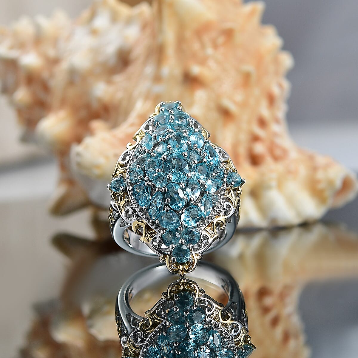 D'Joy Betroka Blue Apatite 4.80 ctw Art Nouveau Ring in 18K Vermeil YG and Rhodium Over Sterling Silver (Size 7.0) image number 1