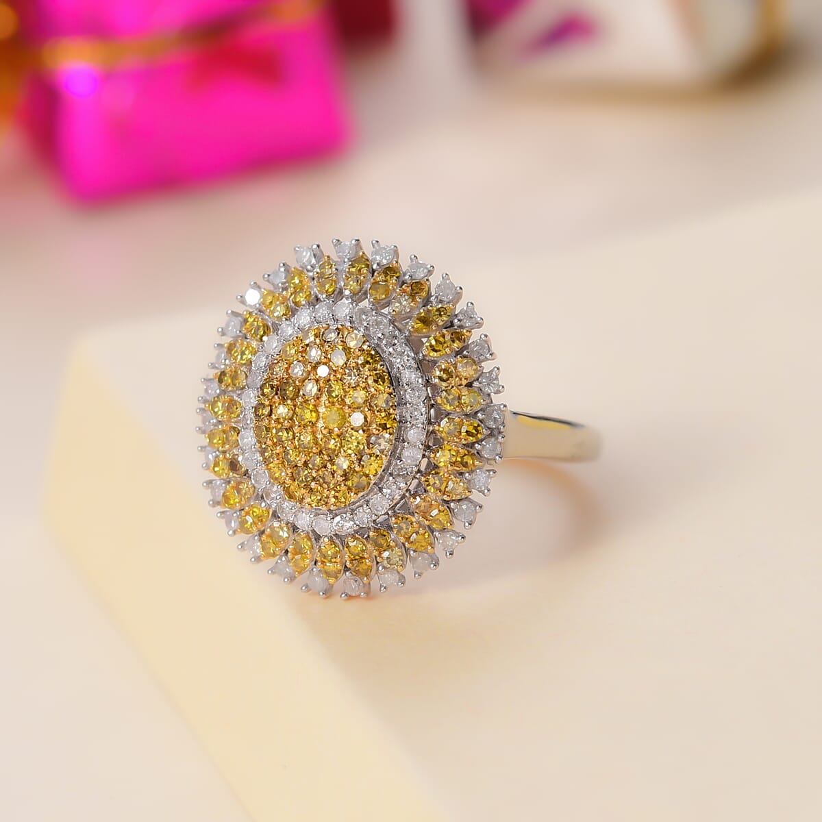 Yellow and White Diamond 1.00 ctw Celestial Glow Ring in Rhodium Over Sterling Silver (Size 9.0) image number 1