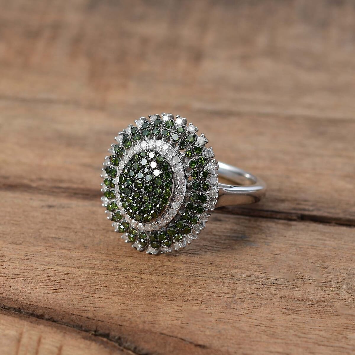 Green and White Diamond 1.00 ctw Celestial Glow Ring in Rhodium Over Sterling Silver (Size 8.0) image number 1
