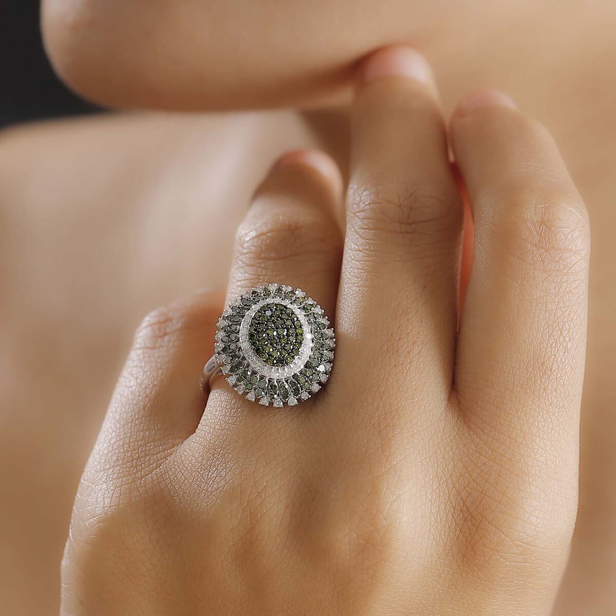 Green and White Diamond 1.00 ctw Celestial Glow Ring in Rhodium Over Sterling Silver (Size 8.0) image number 2
