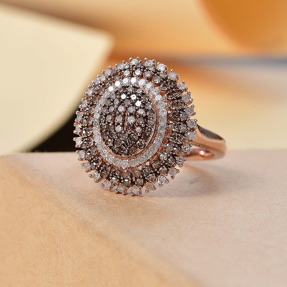 Natural Champagne and White Diamond 1.00 ctw Celestial Glow Ring in 18K Vermeil Rose Gold Over Sterling Silver (Size 7.0) image number 1