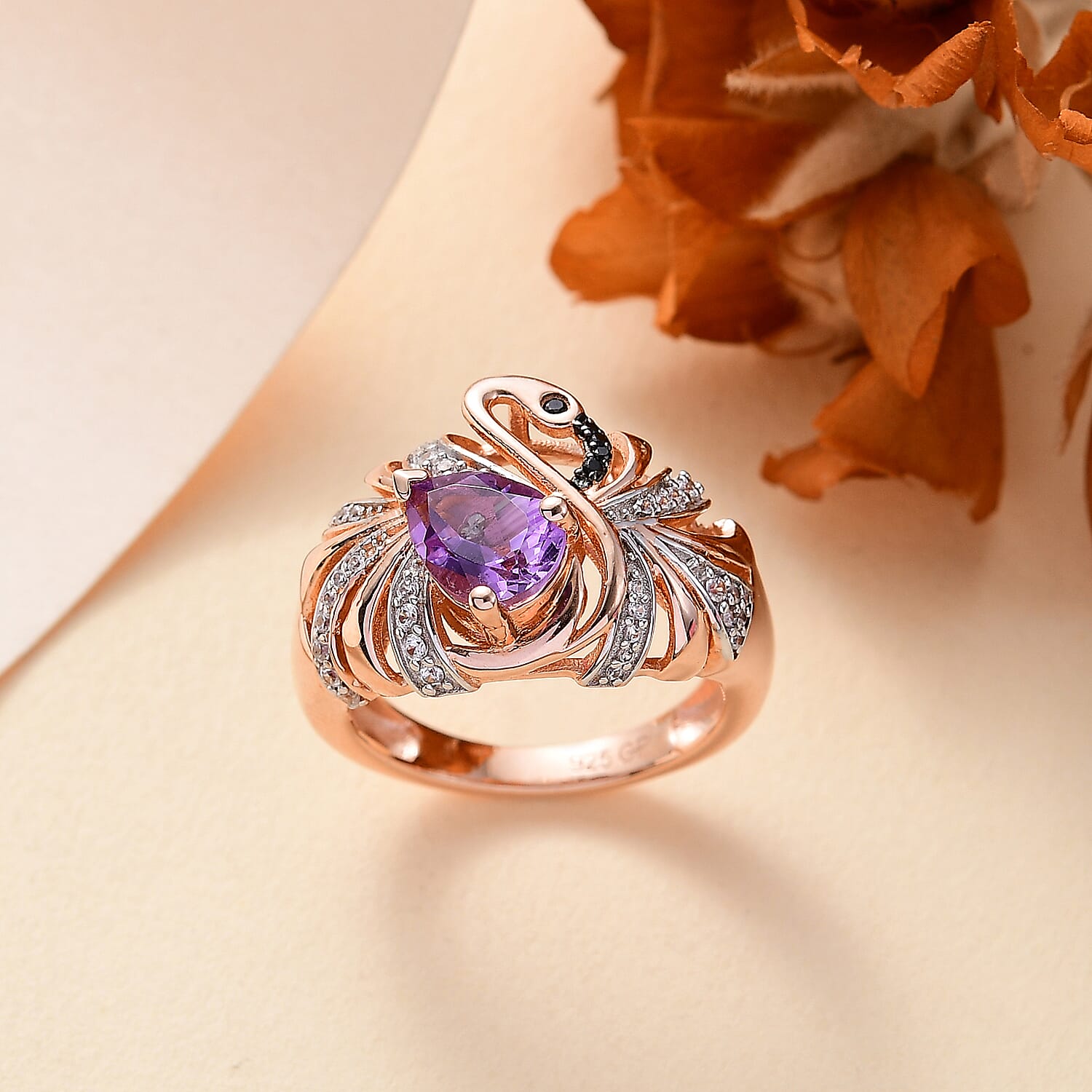 GP Trionfo Collection Premium Rose De France Amethyst, Multi Gemstone Swan Ring in 18K Vermeil RG Over Sterling Silver (Size 7.0) 1.60 ctw