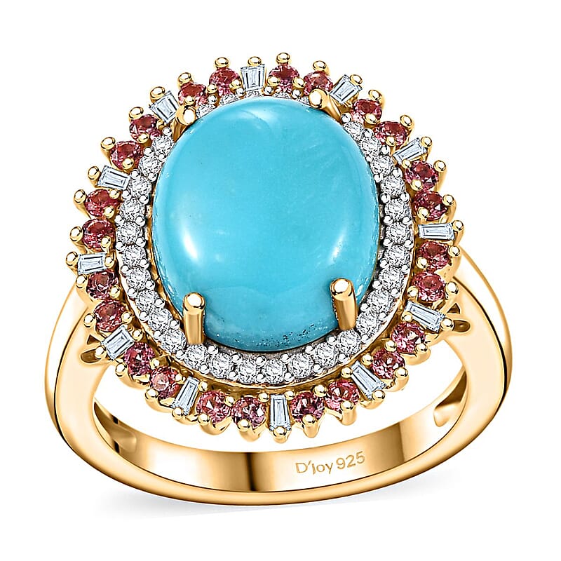 Sleeping Beauty Turquoise, and Padparadscha Sapphire (Beryllium Treated) and Diamond 5.10 ctw Sunburst Ring in 18K Vermeil Yellow Gold Over Sterling Silver (Size 10.0)