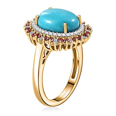 Sleeping Beauty Turquoise, and Padparadscha Sapphire (Beryllium Treated) and Diamond 5.10 ctw Sunburst Ring in 18K Vermeil Yellow Gold Over Sterling Silver (Size 10.0)