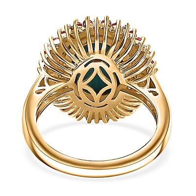 Sleeping Beauty Turquoise, and Padparadscha Sapphire (Beryllium Treated) and Diamond 5.10 ctw Sunburst Ring in 18K Vermeil Yellow Gold Over Sterling Silver (Size 10.0)
