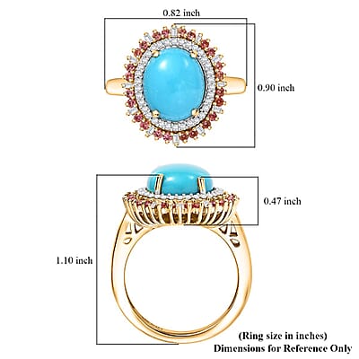 Sleeping Beauty Turquoise, and Padparadscha Sapphire (Beryllium Treated) and Diamond 5.10 ctw Sunburst Ring in 18K Vermeil Yellow Gold Over Sterling Silver (Size 10.0)