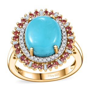 Sleeping Beauty Turquoise, and Padparadscha Sapphire (Beryllium Treated) and Diamond 5.10 ctw Sunburst Ring in 18K Vermeil Yellow Gold Over Sterling Silver (Size 11.0)
