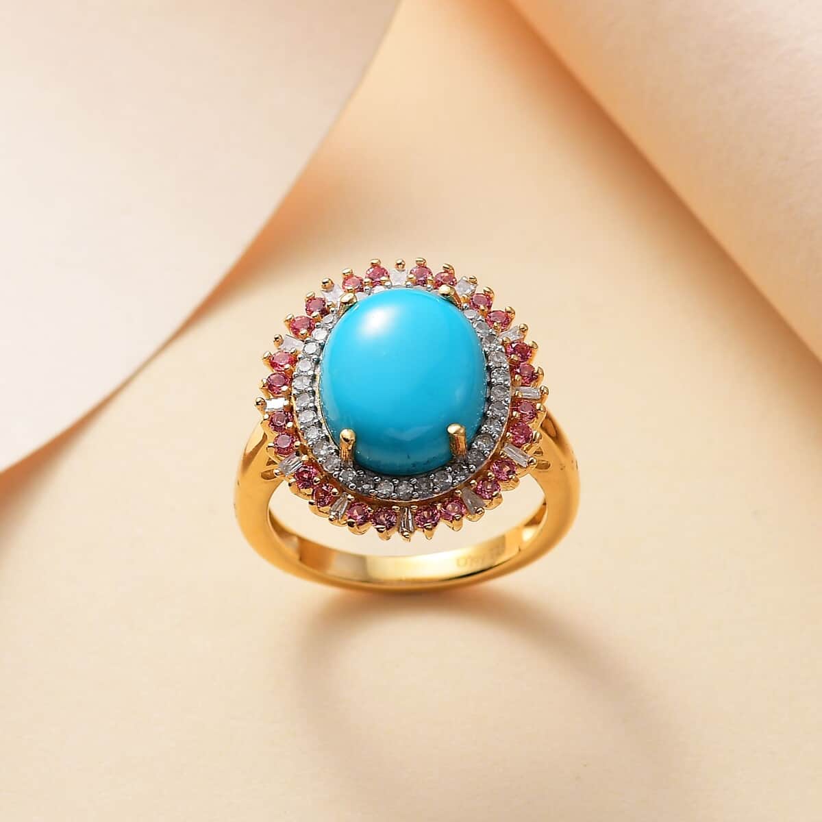 Sleeping Beauty Turquoise, and Padparadscha Sapphire (Beryllium Treated) and Diamond 5.10 ctw Sunburst Ring in 18K Vermeil Yellow Gold Over Sterling Silver (Size 7.0) image number 1