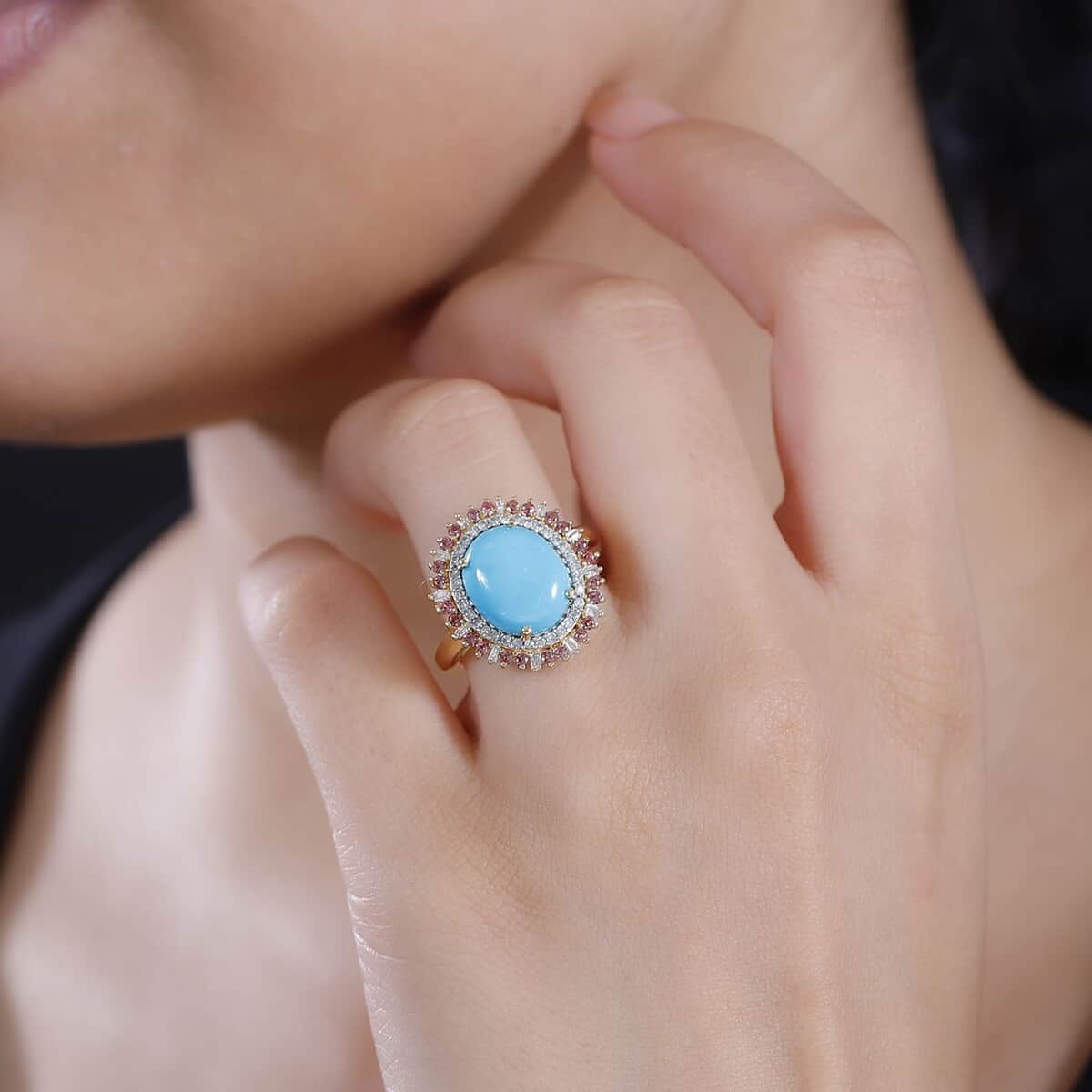 Sleeping Beauty Turquoise, and Padparadscha Sapphire (Beryllium Treated) and Diamond 5.10 ctw Sunburst Ring in 18K Vermeil Yellow Gold Over Sterling Silver (Size 7.0) image number 2