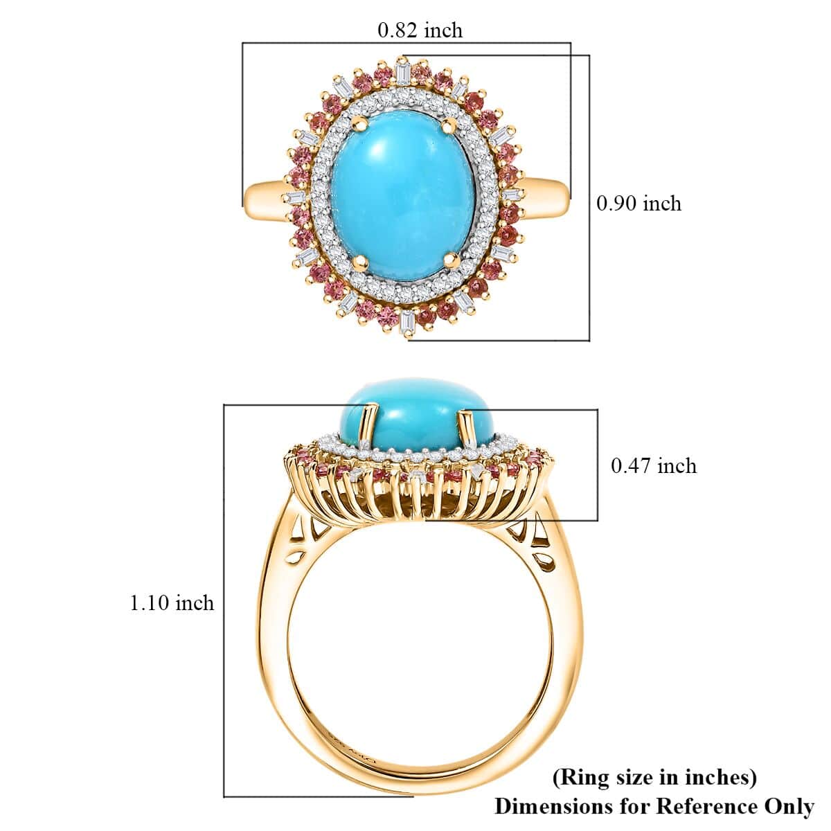 Sleeping Beauty Turquoise, and Padparadscha Sapphire (Beryllium Treated) and Diamond 5.10 ctw Sunburst Ring in 18K Vermeil Yellow Gold Over Sterling Silver (Size 7.0) image number 5