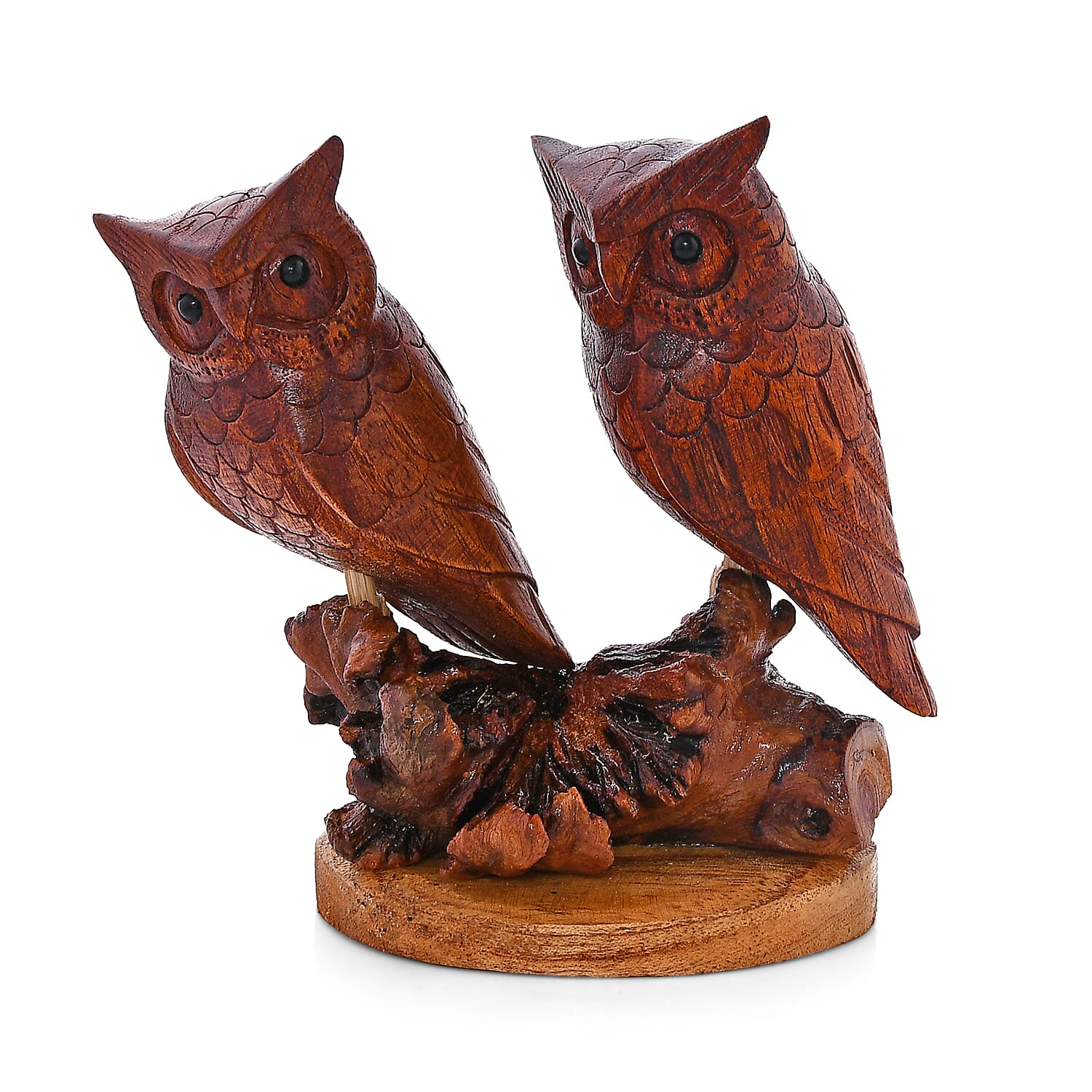 Honey Brown Wooden Hand Carved Eagle Owl Couple on Nest