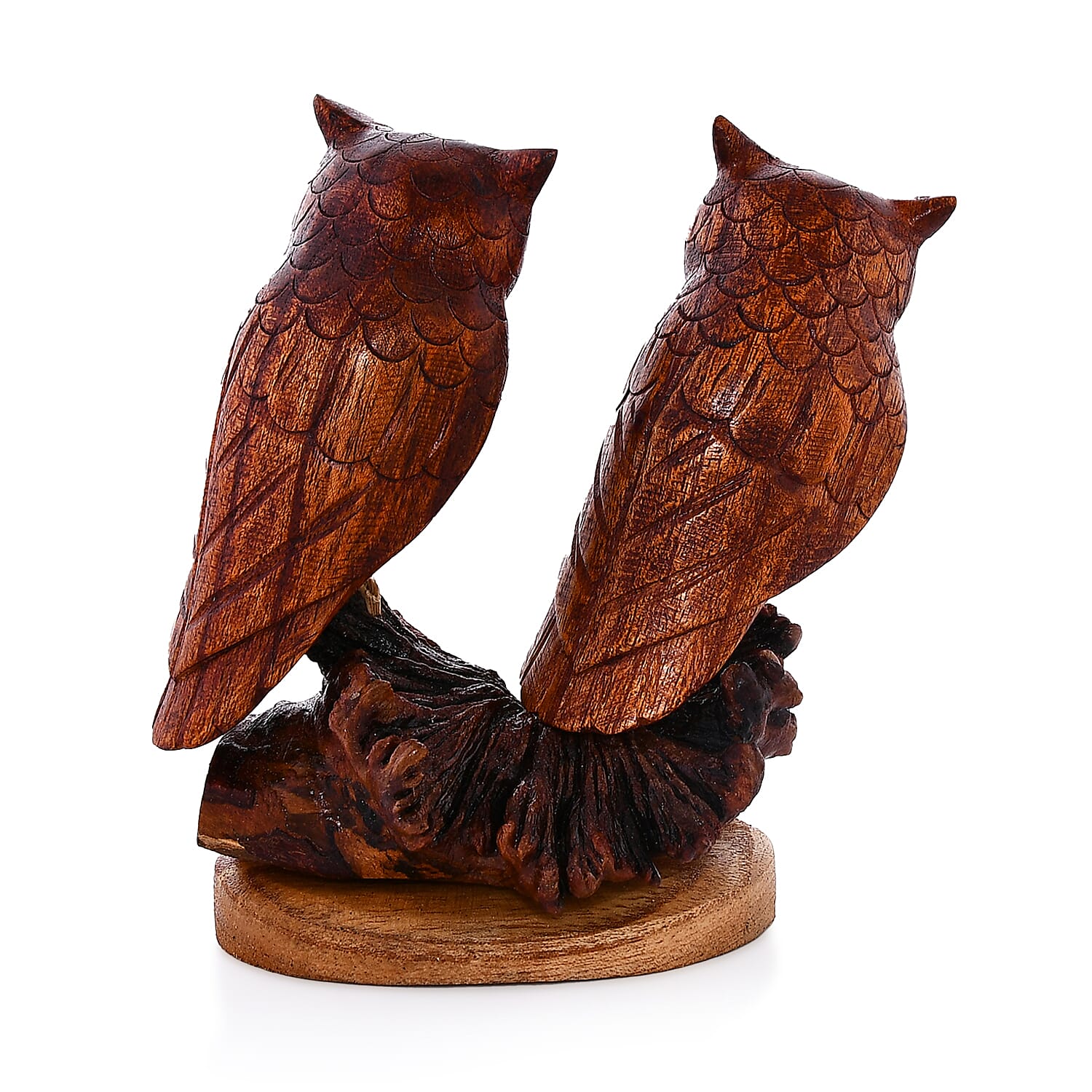 Honey Brown Wooden Hand Carved Eagle Owl Couple on Nest