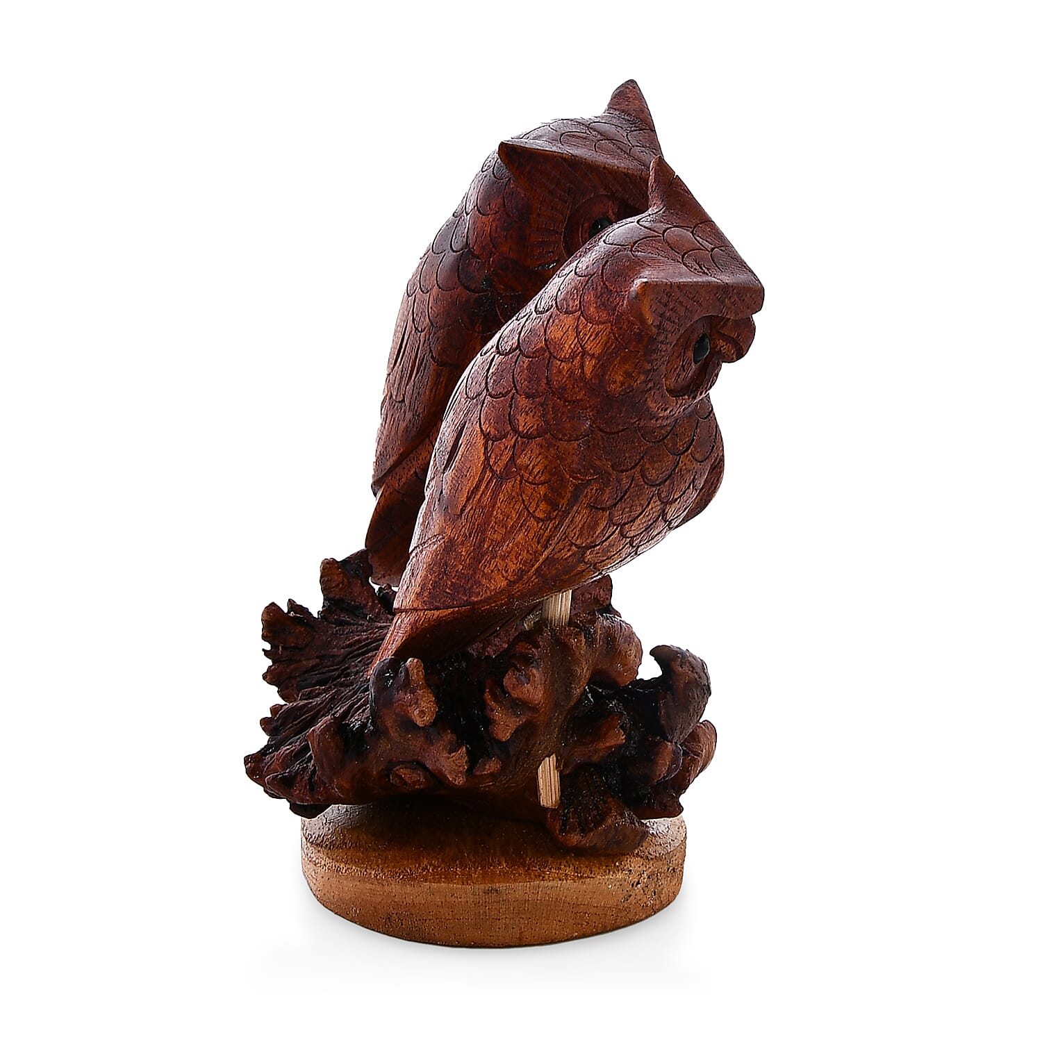Honey Brown Wooden Hand Carved Eagle Owl Couple on Nest