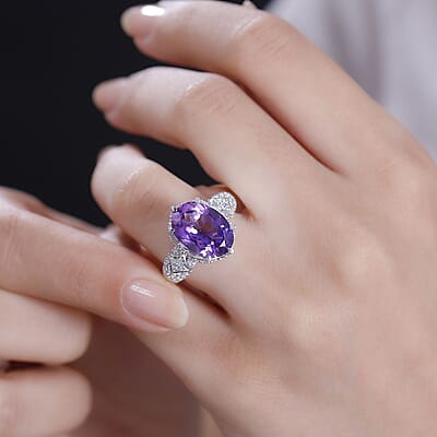 Moroccan Amethyst and White Zircon 7.00 ctw Ring in Rhodium Over Sterling Silver (Size 10.0)