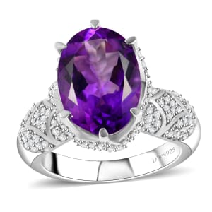 Moroccan Amethyst and White Zircon 7.00 ctw Ring in Rhodium Over Sterling Silver (Size 6.0)