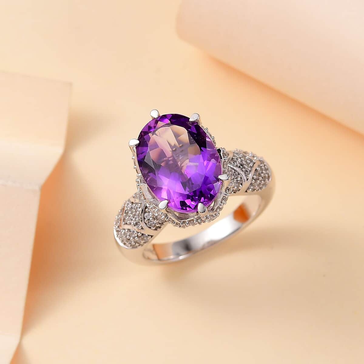 Moroccan Amethyst and White Zircon 7.00 ctw Ring in Rhodium Over Sterling Silver (Size 7.0) image number 1