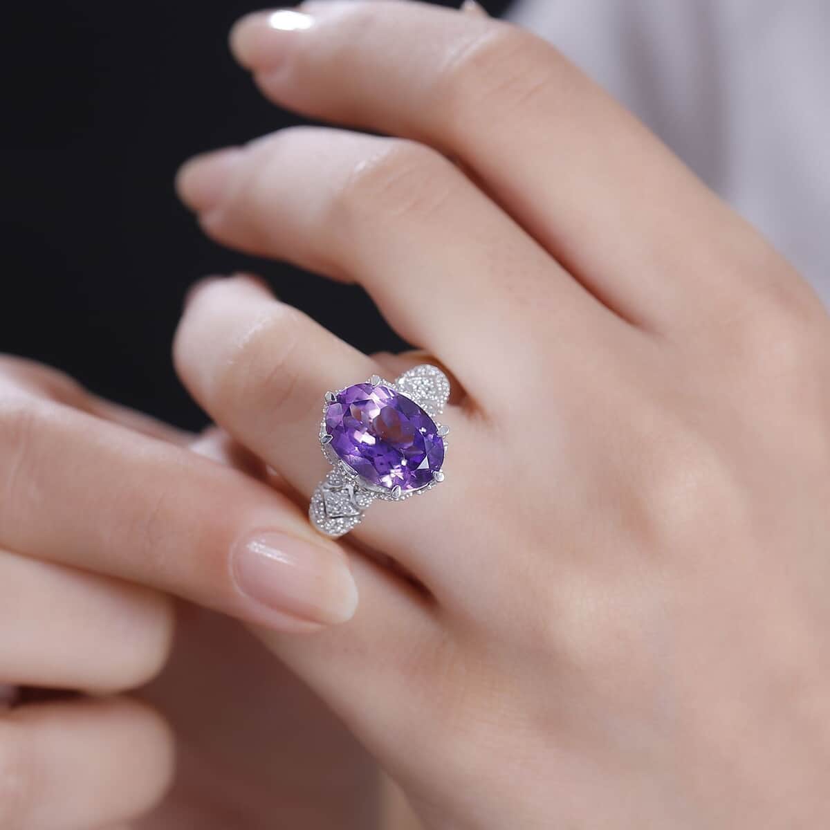 Moroccan Amethyst and White Zircon 7.00 ctw Ring in Rhodium Over Sterling Silver (Size 7.0) image number 2