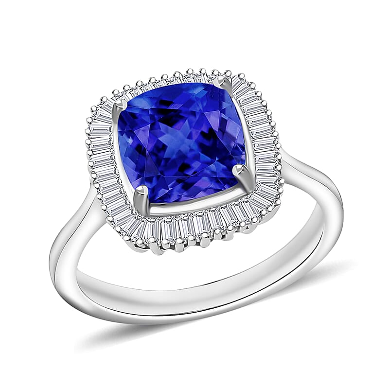 Rhapsody AAAA Tanzanite and E-F VS Diamond 2.85 ctw Cushion Shape Ballerina Ring in 950 Platinum (Size 12.0) 5.40 Grams (Del. in 10-12 Days)