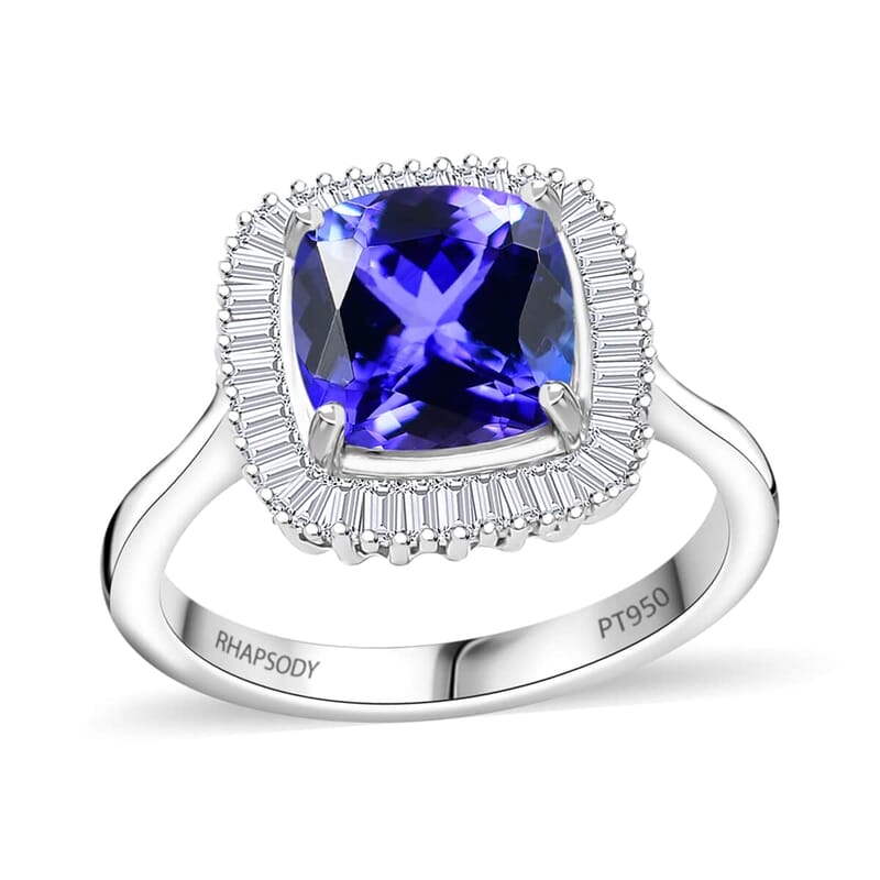 Rhapsody AAAA Tanzanite and E-F VS Diamond 2.85 ctw Cushion Shape Ballerina Ring in 950 Platinum 7.15 Grams