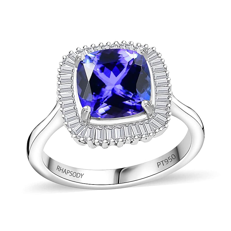 Rhapsody AAAA Tanzanite and E-F VS Diamond 2.85 ctw Cushion Shape Ballerina Ring in 950 Platinum 7.15 Grams