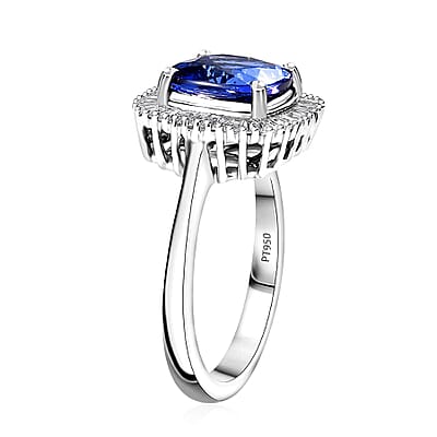 Rhapsody AAAA Tanzanite and E-F VS Diamond 2.85 ctw Cushion Shape Ballerina Ring in 950 Platinum 7.15 Grams