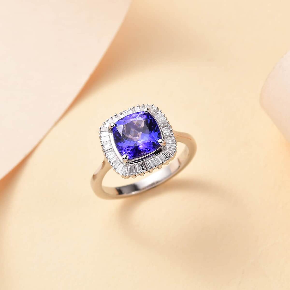 Rhapsody AAAA Tanzanite and E-F VS Diamond 2.75 ctw Cushion Shape Ballerina Ring in 950 Platinum (Size 5.0)  5.40 Grams image number 1