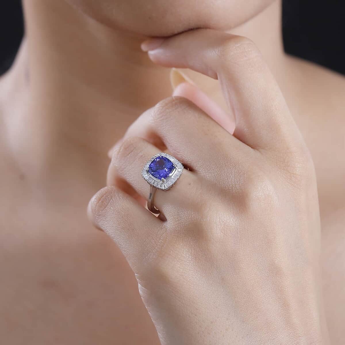 Rhapsody AAAA Tanzanite and E-F VS Diamond 2.75 ctw Cushion Shape Ballerina Ring in 950 Platinum (Size 5.0)  5.40 Grams image number 2