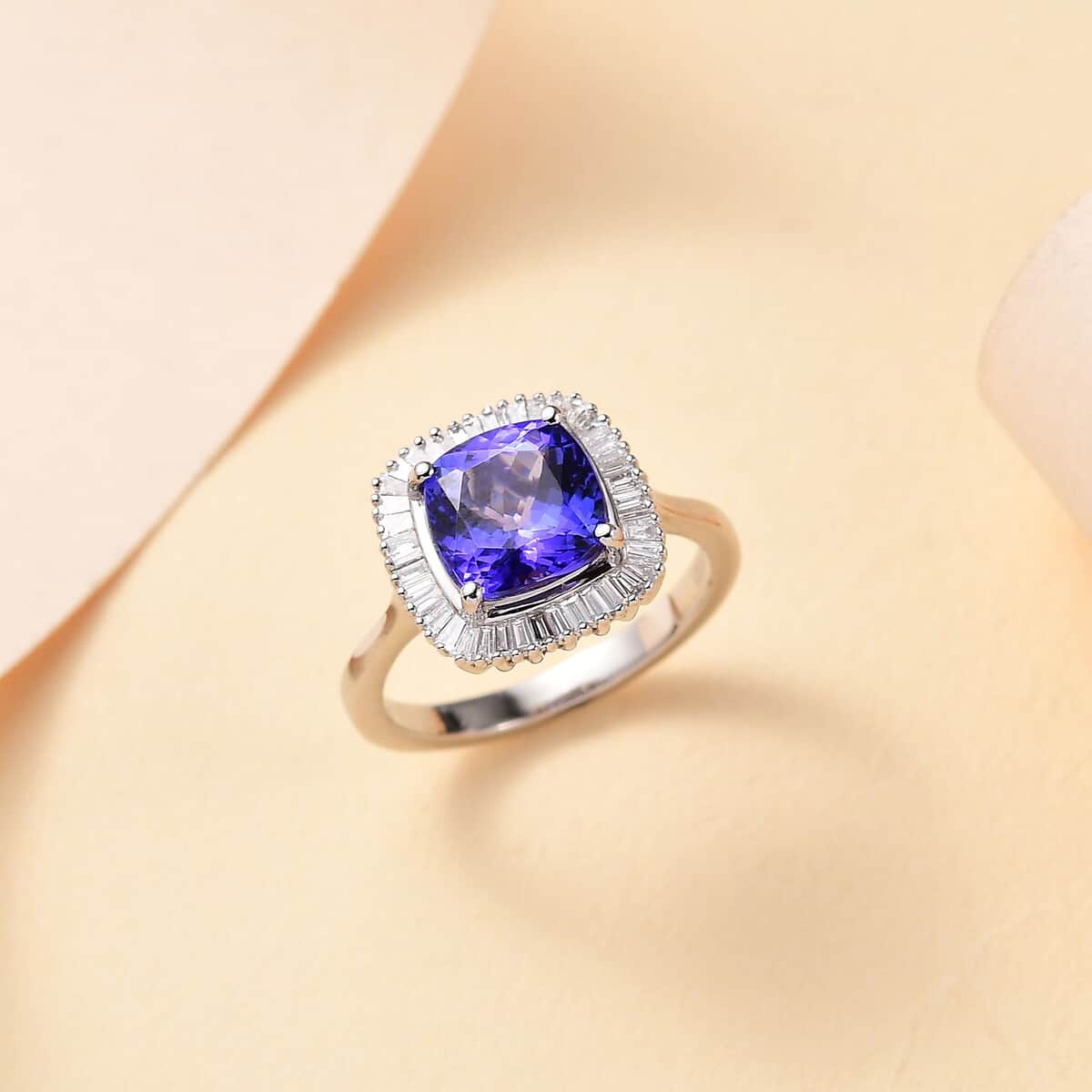 Rhapsody AAAA Tanzanite and E-F VS Diamond 2.75 ctw Cushion Shape Ballerina Ring in 950 Platinum (Size 6.0) 7.15 Grams image number 1