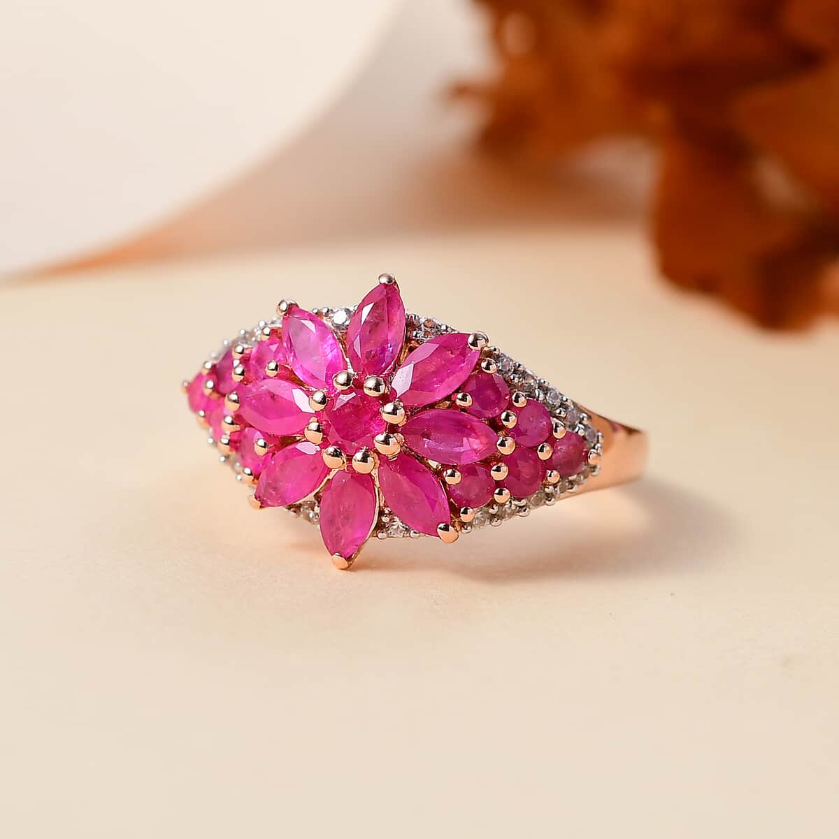 Premium Mozambique Pink Sapphire and White Zircon 2.55 ctw Floral Ring in 18K Vermeil Rose Gold Over Sterling Silver (Size 10.0)  image number 1