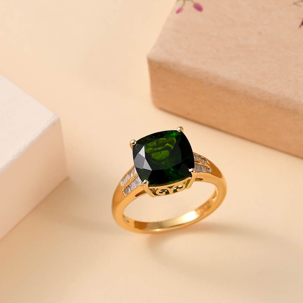 Chrome Diopside and Diamond 4.85 ctw Ring in 18K Vermeil Yellow Gold Over Sterling Silver (Size 7.0) image number 1