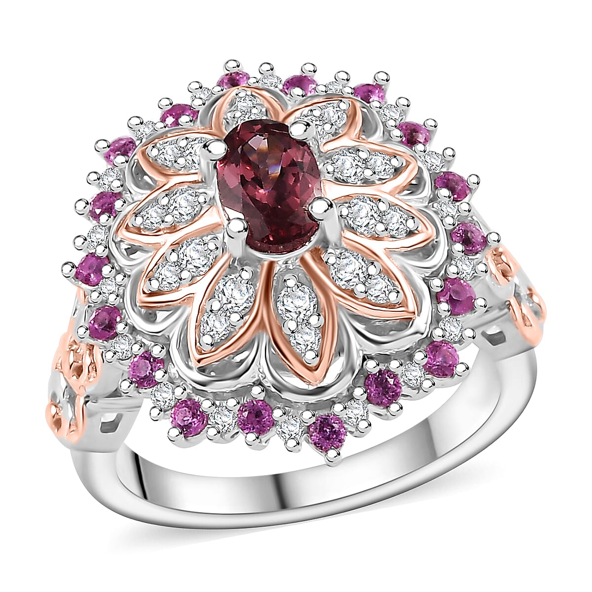 Tanzanian Blush Garnet, Multi Gemstone Royal Bloom Ring in 18K Vermeil RG and Rhodium Over Sterling Silver (Size 10.0) 1.30 ctw