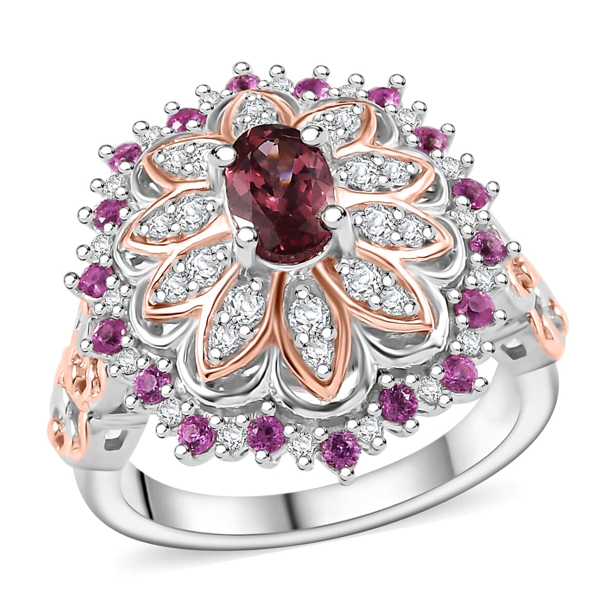 Tanzanian Blush Garnet and Multi Gemstone 1.30 ctw Royal Bloom Ring in 18K Vermeil RG and Rhodium Over Sterling Silver image number 0