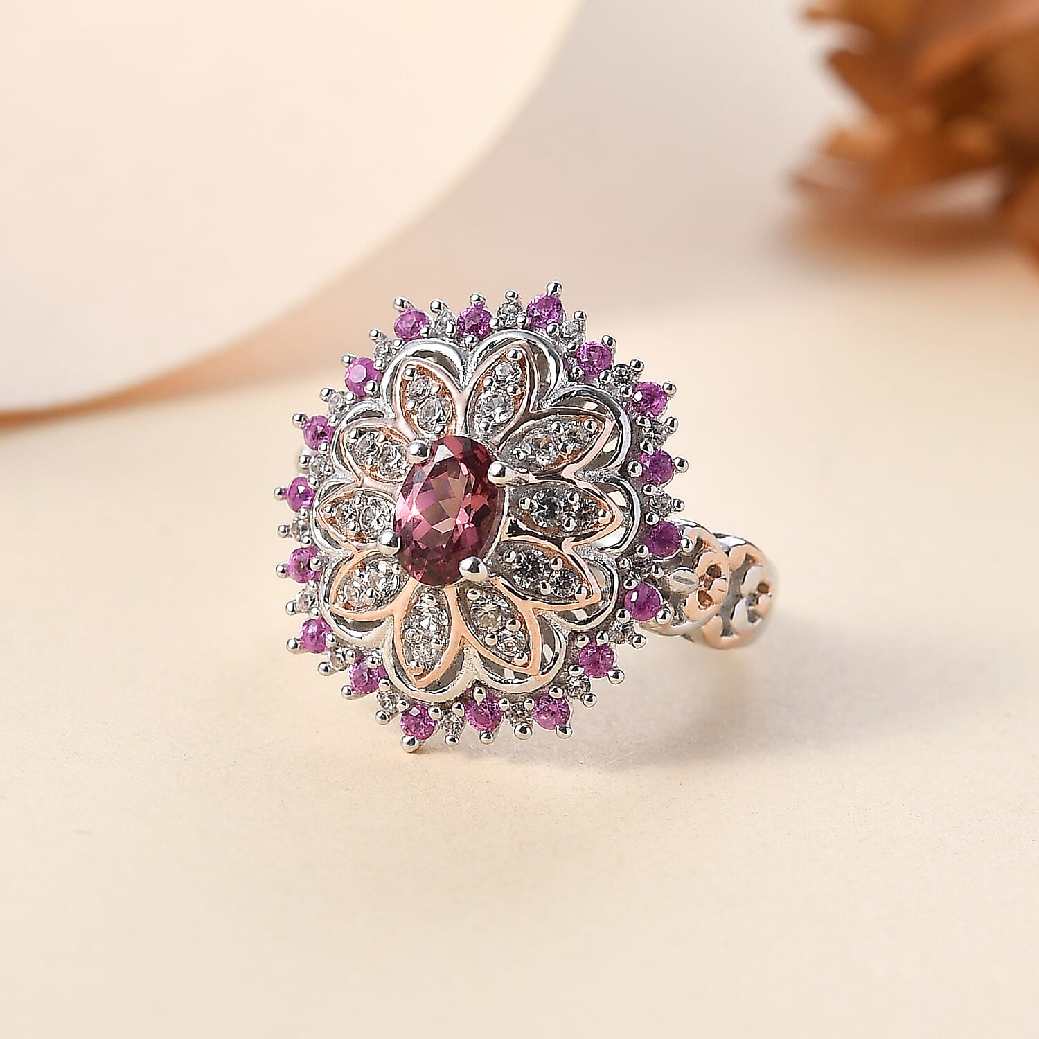 Tanzanian Blush Garnet, Multi Gemstone Royal Bloom Ring in 18K Vermeil RG and Rhodium Over Sterling Silver (Size 10.0) 1.30 ctw