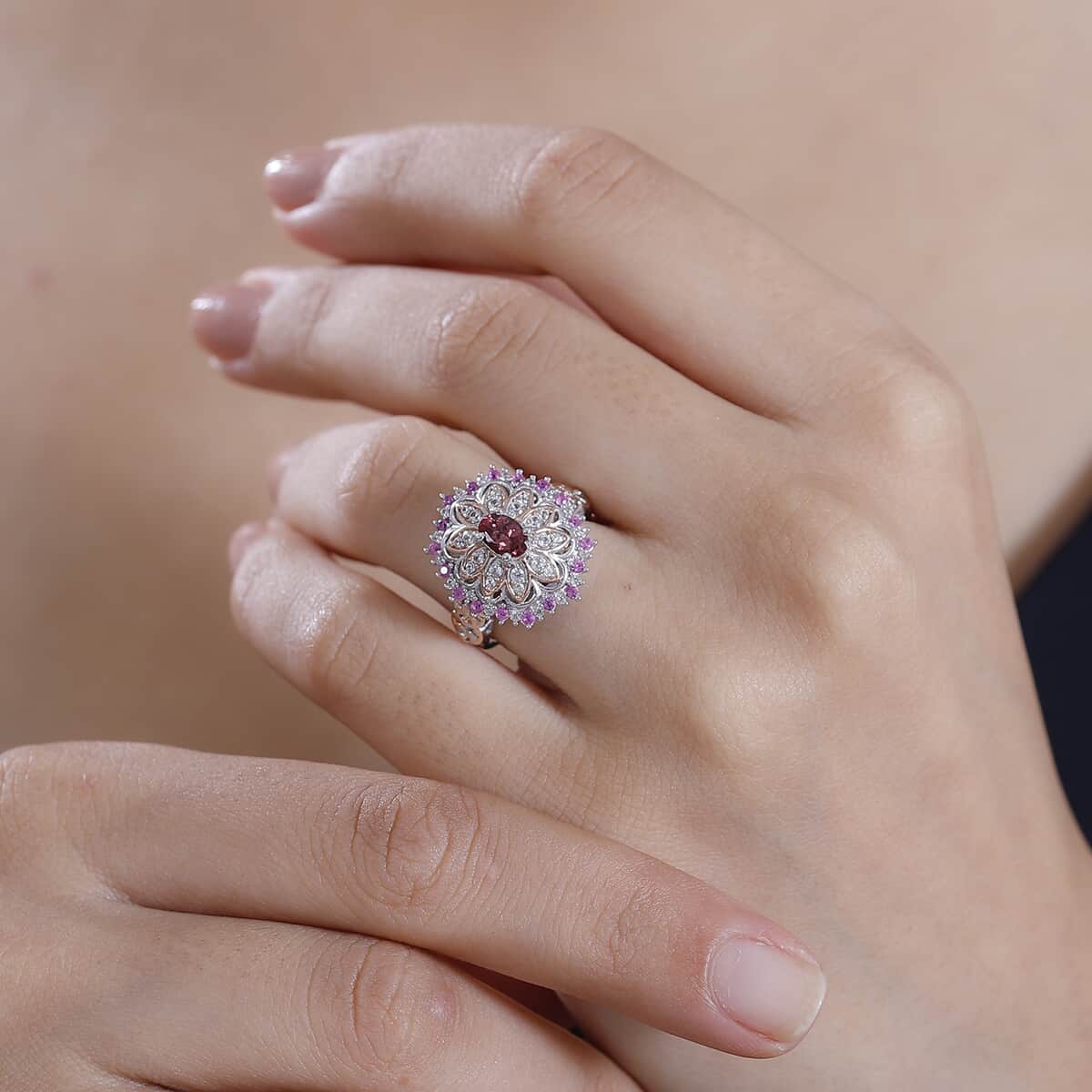 Tanzanian Blush Garnet and Multi Gemstone 1.30 ctw Royal Bloom Ring in 18K Vermeil RG and Rhodium Over Sterling Silver image number 2