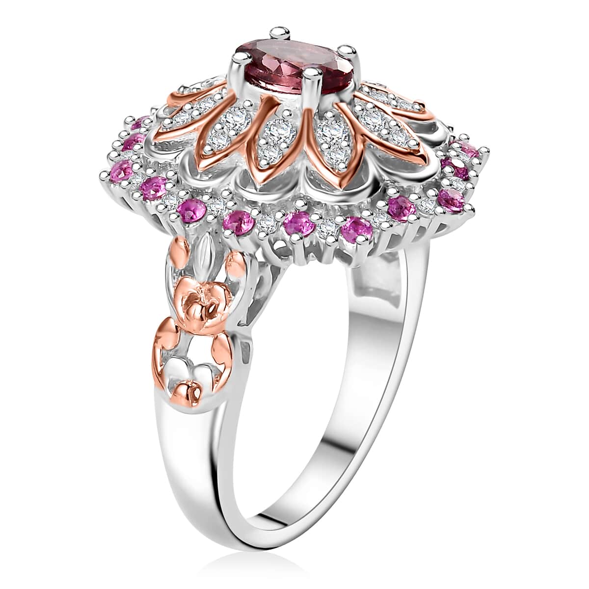 Tanzanian Blush Garnet and Multi Gemstone 1.30 ctw Royal Bloom Ring in 18K Vermeil RG and Rhodium Over Sterling Silver image number 3