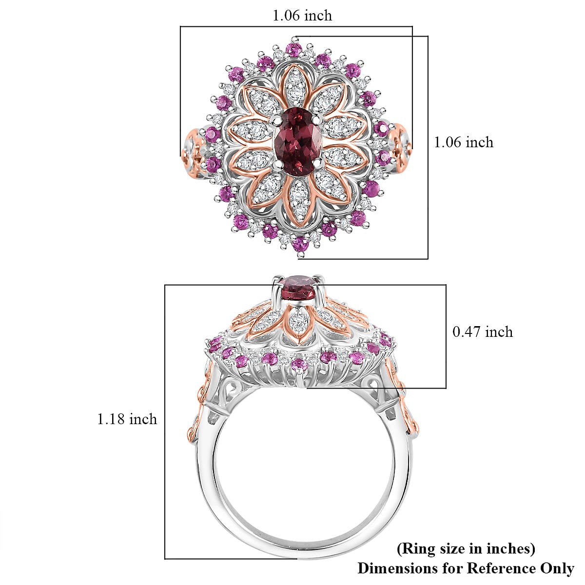 Tanzanian Blush Garnet, Multi Gemstone Royal Bloom Ring in 18K Vermeil RG and Rhodium Over Sterling Silver (Size 10.0) 1.30 ctw