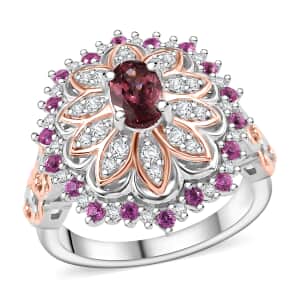 Tanzanian Blush Garnet and Multi Gemstone 1.30 ctw Royal Bloom Ring in 18K Vermeil RG and Rhodium Over Sterling Silver (Size 7.0)