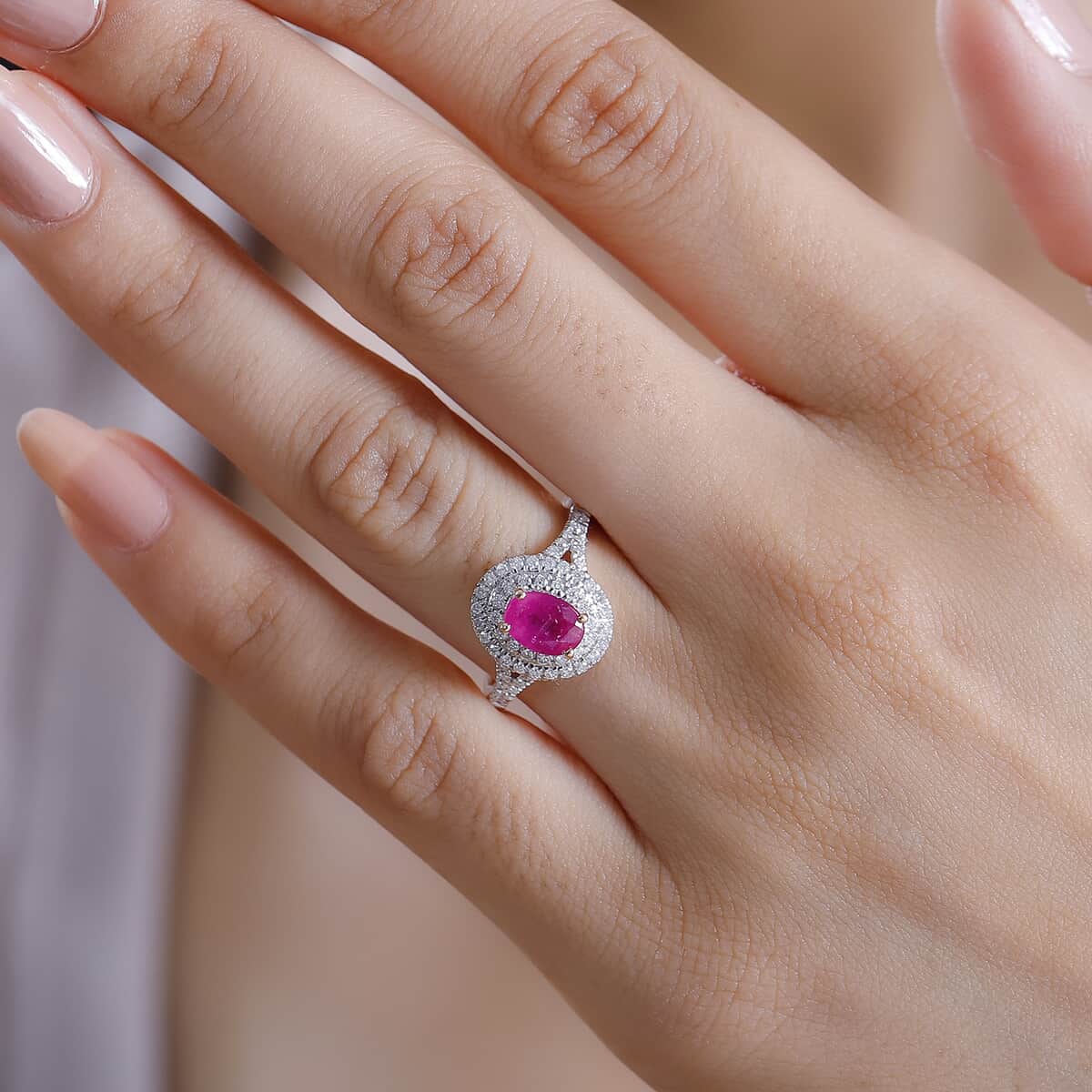 Luxoro Premium Mozambique Pink Sapphire and G-H I2 Diamond 1.35 ctw Double Halo Ring in 10K Rose Gold (Size 7.0) image number 2