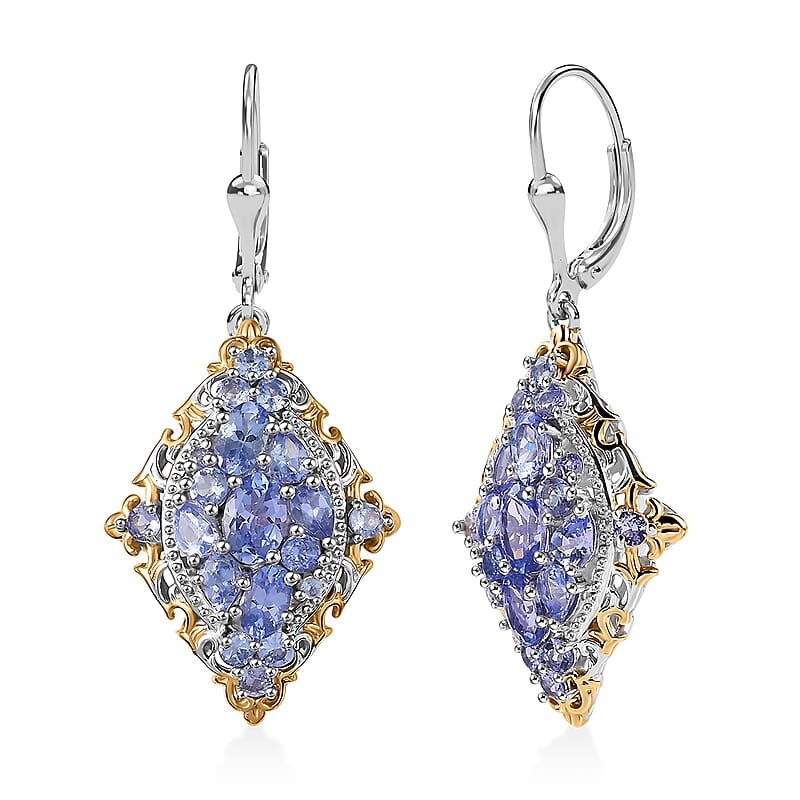 D'Joy Tanzanite 3.85 ctw Art Nouveau Earrings in 18K Vermeil YG and Rhodium Over Sterling Silver