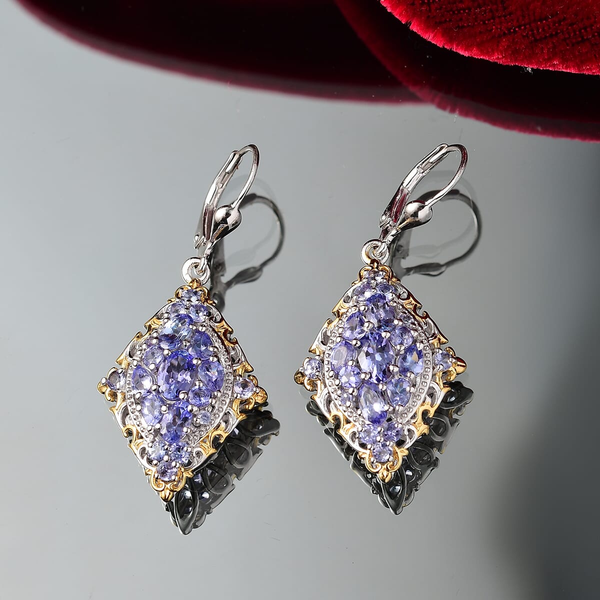 D'Joy Tanzanite 3.85 ctw Lever Back Earrings in 18K Vermeil YG and Rhodium Over Sterling Silver image number 1