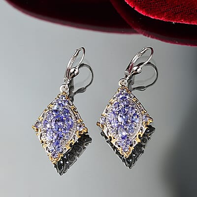 D'Joy Tanzanite 3.85 ctw Art Nouveau Earrings in 18K Vermeil YG and Rhodium Over Sterling Silver