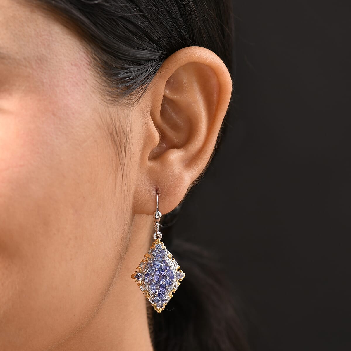 D'Joy Tanzanite 3.85 ctw Lever Back Earrings in 18K Vermeil YG and Rhodium Over Sterling Silver image number 2