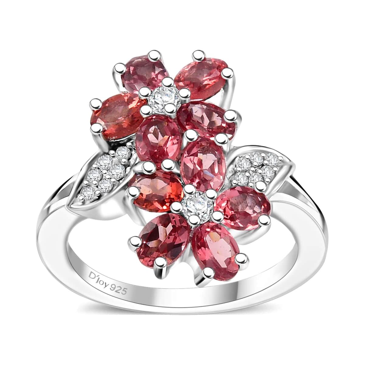 Premium Tanzanian Blush Garnet and White Zircon 2.35 ctw Bypass Floral Ring in Rhodium Over Sterling Silver image number 0