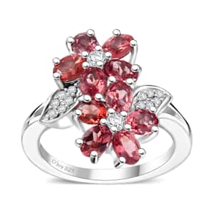 Premium Tanzanian Blush Garnet and White Zircon 2.35 ctw Bypass Floral Ring in Rhodium Over Sterling Silver (Size 10.0)