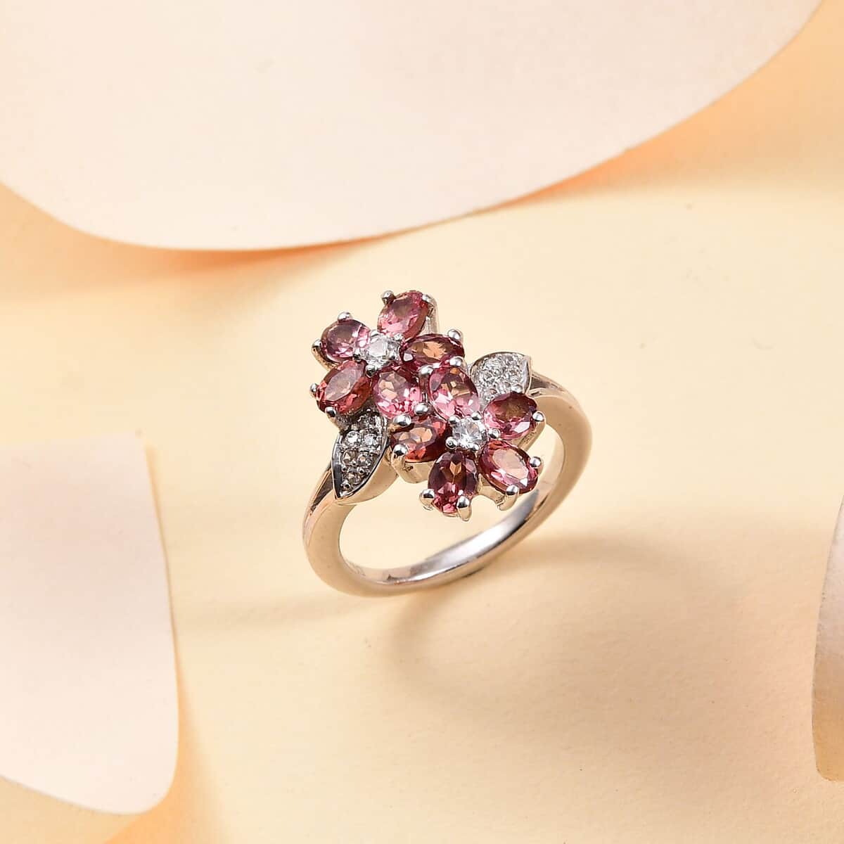 Premium Tanzanian Blush Garnet and White Zircon 2.35 ctw Bypass Floral Ring in Rhodium Over Sterling Silver image number 1