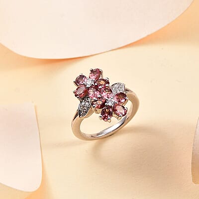 Premium Tanzanian Blush Garnet and White Zircon 2.35 ctw Bypass Floral Ring in Rhodium Over Sterling Silver (Size 10.0)
